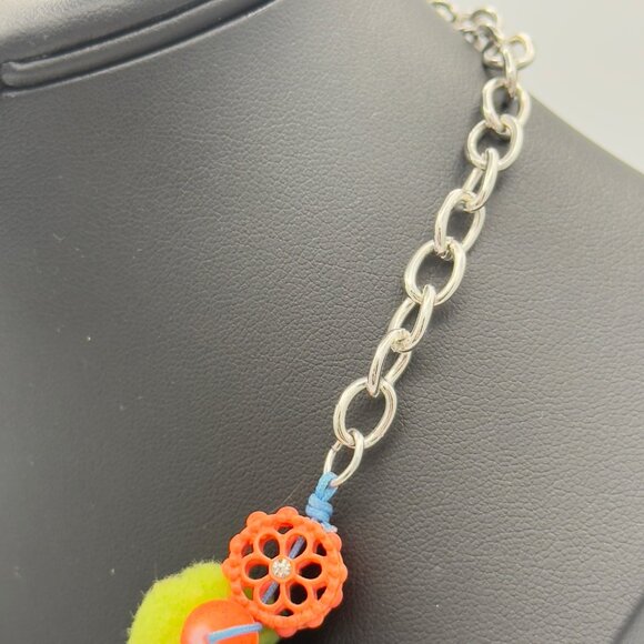 Bright Colorful Beaded Pom Pom Cha Cha Necklace Orange Green Blue Rhinestones - Picture 5 of 13